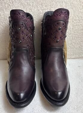 Texas Country Platino Brown Leather Floral Ankle Boots Women's Size 7